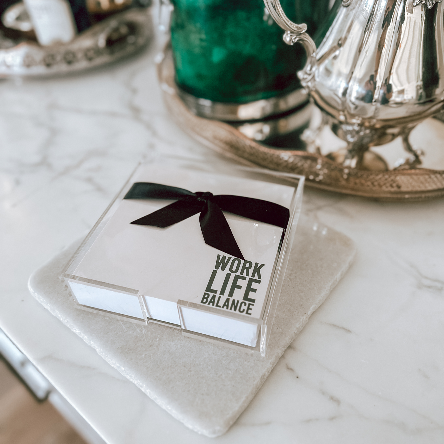 Square Acrylic Notepaper Tray - Work Life Balance
