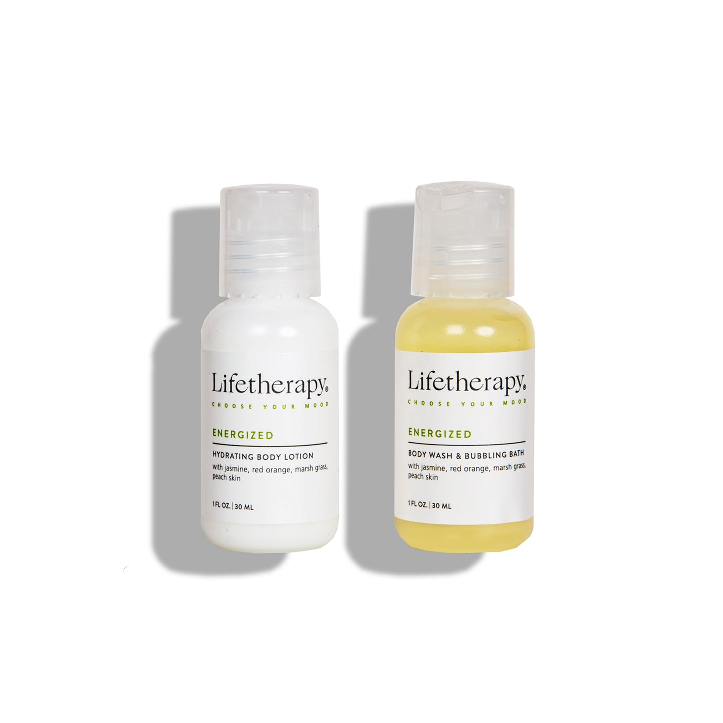 Travel size and TSA approved hydrating body lotion and body wash in Energized