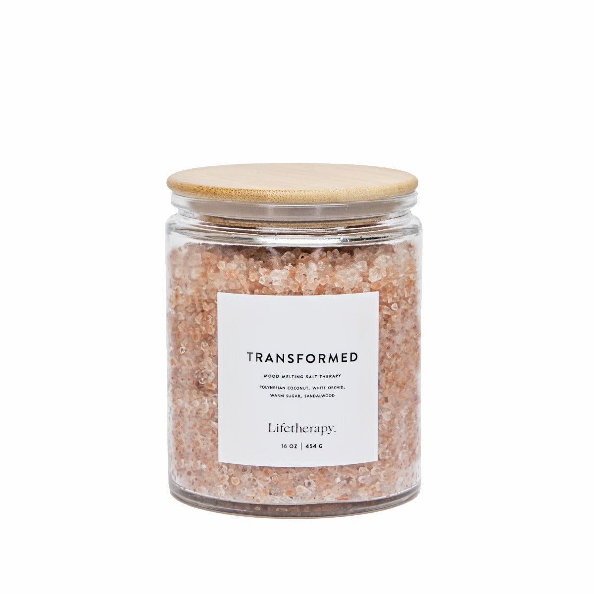 Transformed Lifetherapy salt soak jar featuring tropical coconut and sandalwood scents for deep relaxation and skin repair.