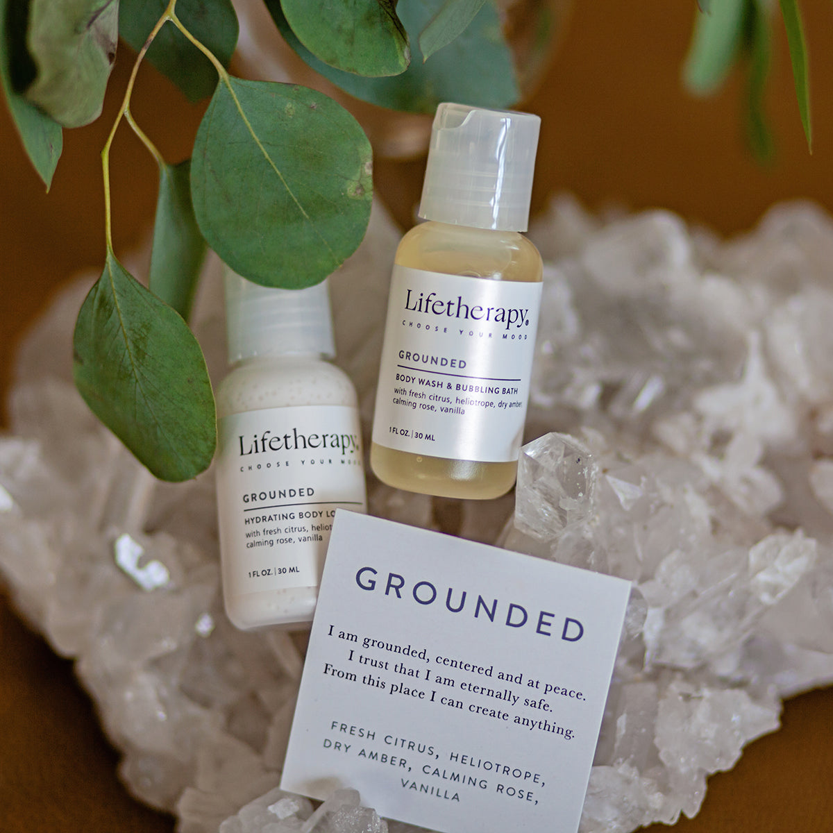 Grounded 1 ounce body lotion and body wash. Made in USA