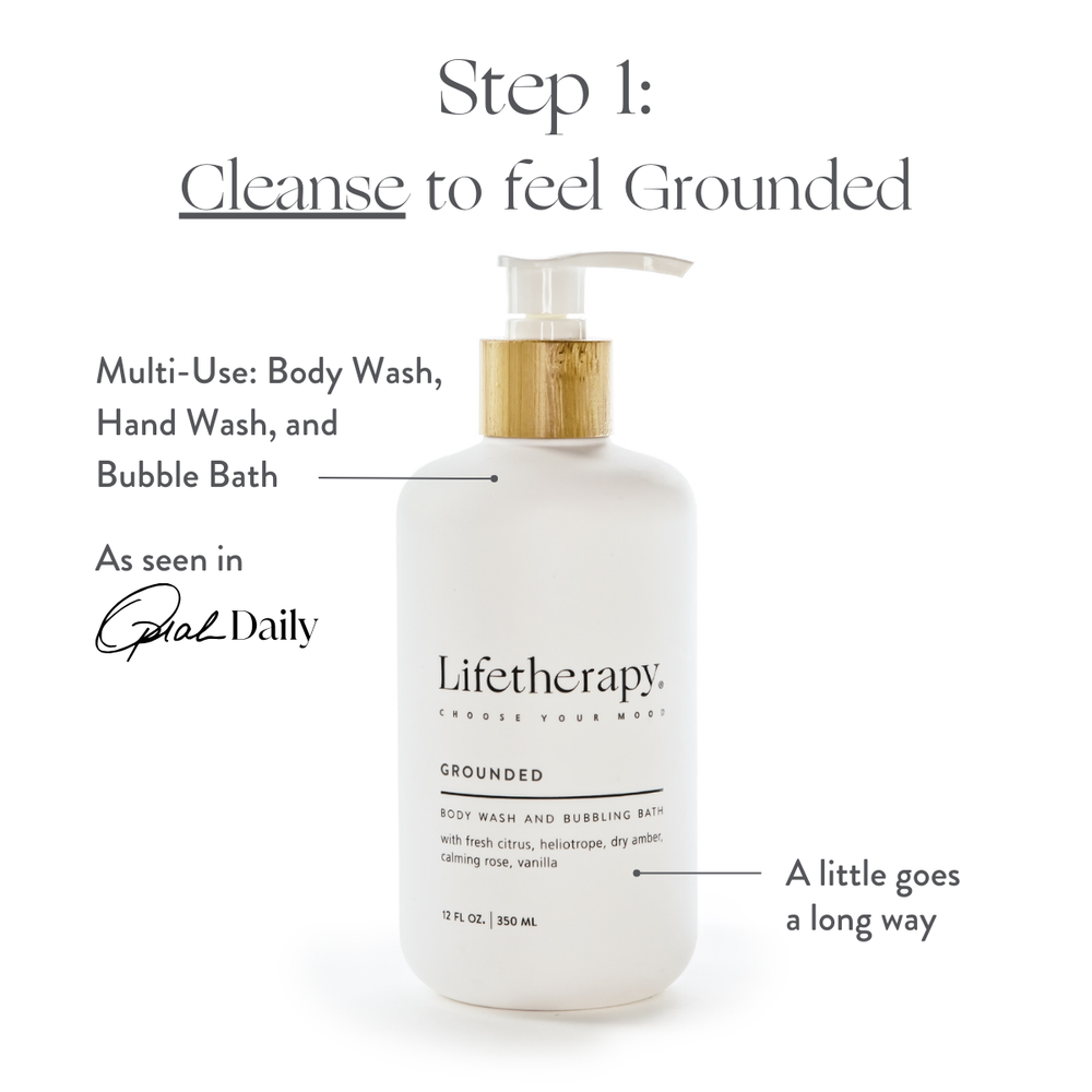 12 oz Grounded Lifetherapy Body Care Duo featuring Amber, Fresh Citrus, and Vanilla Hydrating Lotion and 3-in-1 Bubbling Bath set. Oprah Daily