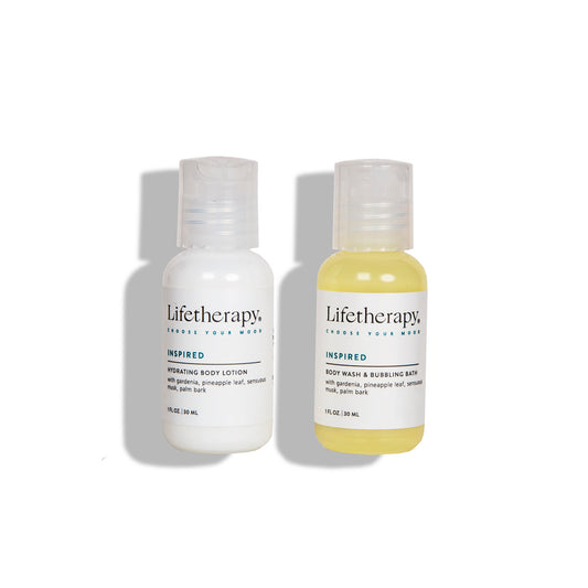 Fresh and clean scent of Inspired in travel size lotion and wash. Cruelty-free, Vegan friendly