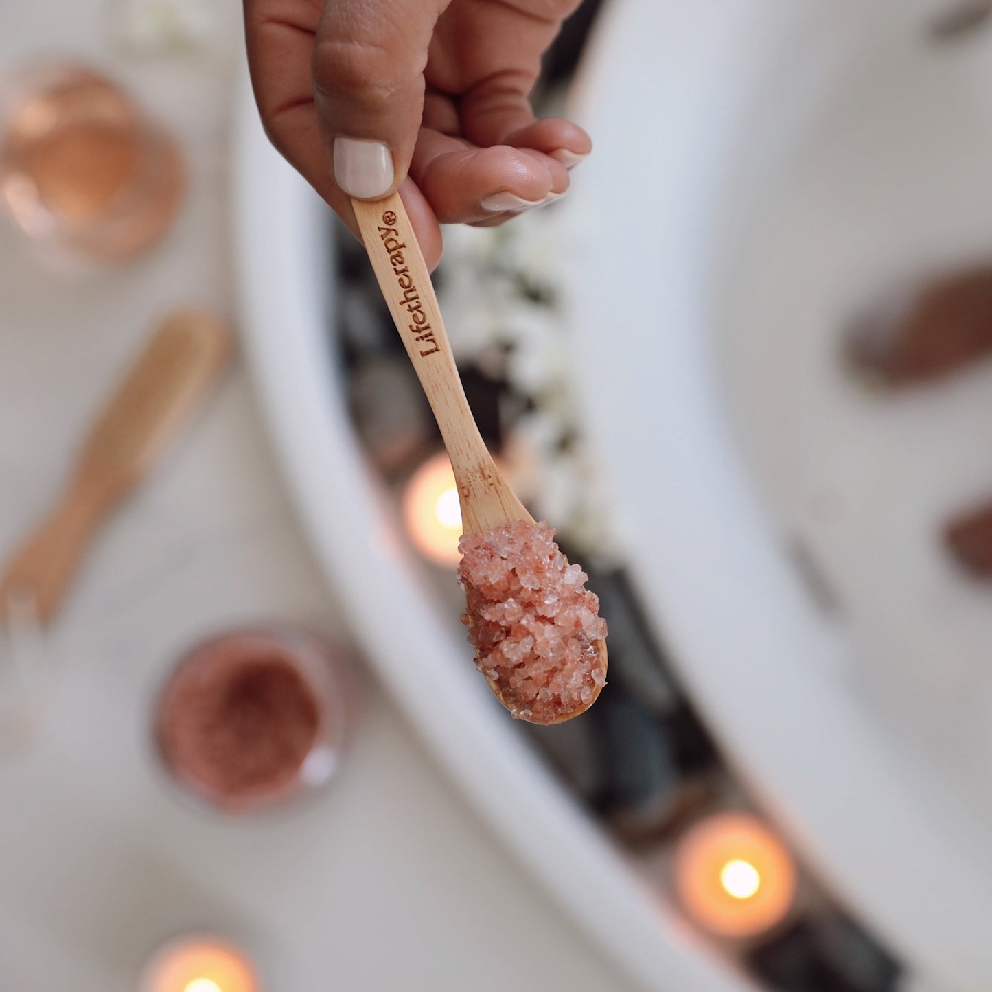 Pink Himalayan Bath Salt Soak with the scent of coconut, warm sugar, sandalwood and white orchid | Transformed by Lifetherapy